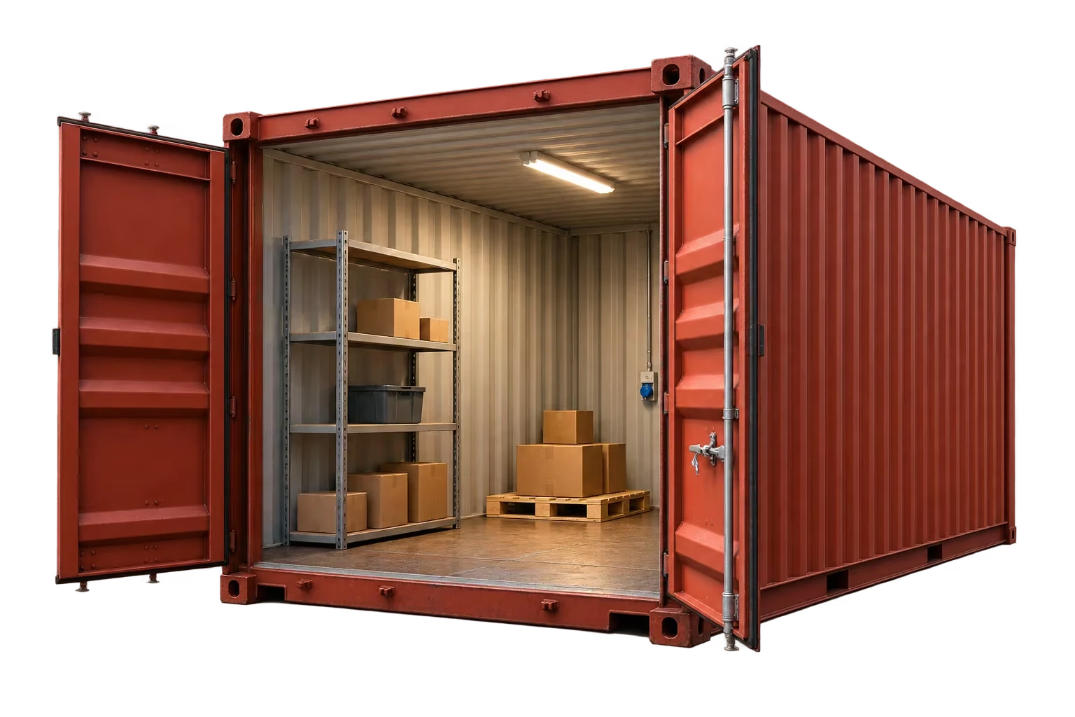 Склад-контейнер 28 м² с открытыми дверями: стеллаж, паллета, освещение и розетка внутри